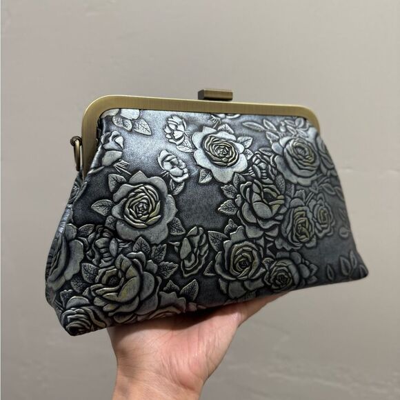 Gray Roses Handmade Embossed Cowhide Push-lock Clutch/Shoulder Bag, Crossbody - Picture 9 of 14
